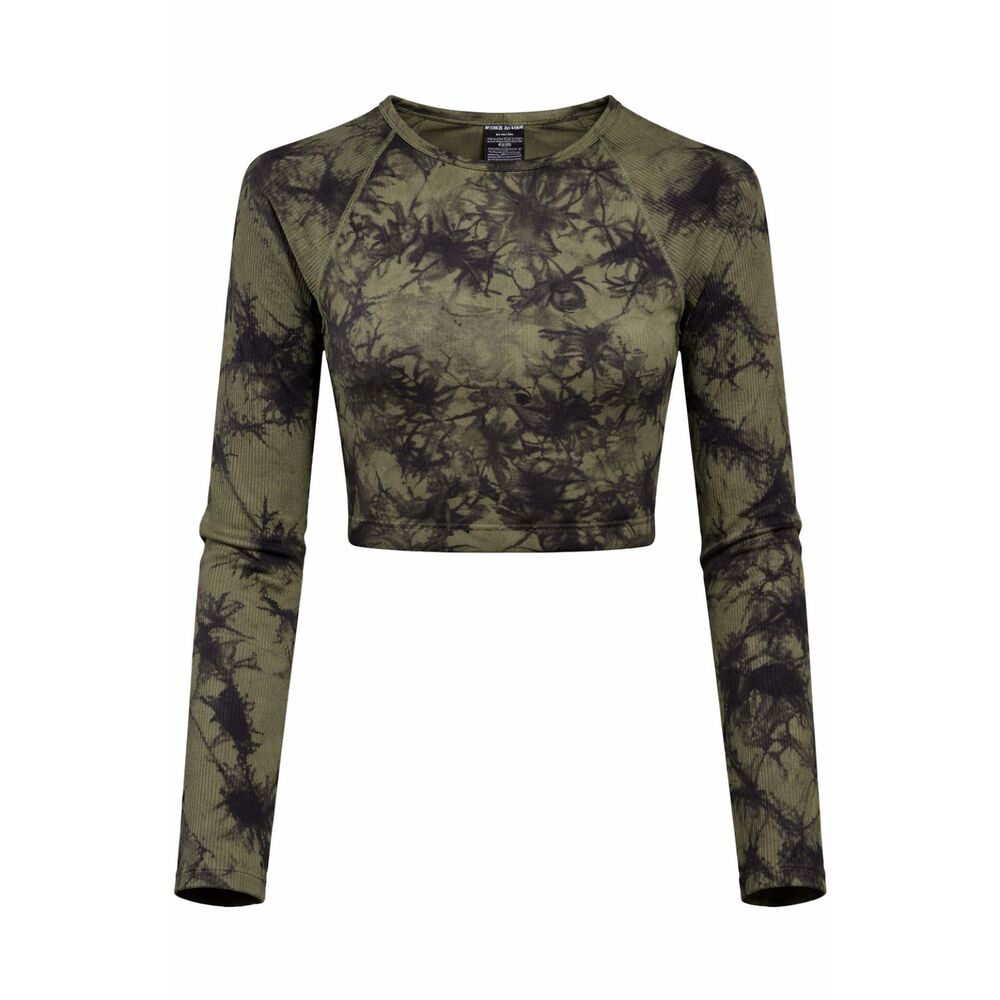 PINK Victoria’s Secret Active Tie Dye Crop Top Green Black Long Sleeve Ribbed M